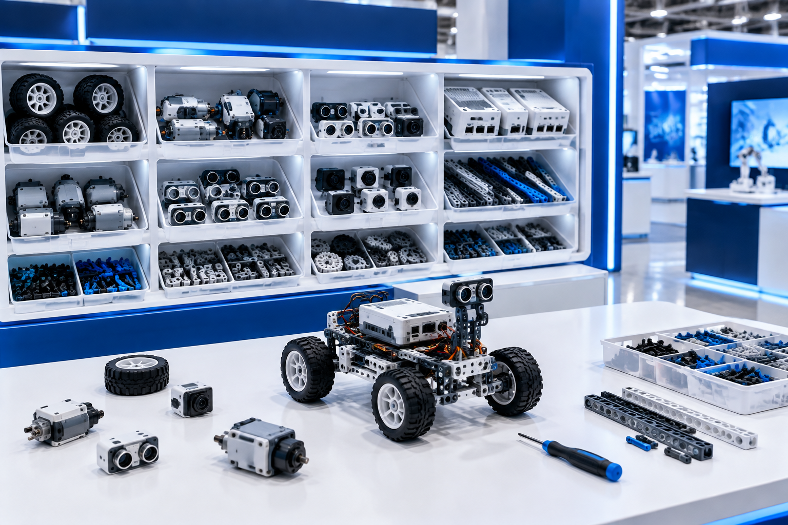 Kệ linh kiện robot và robot xe đang lắp dở trên bàn trải nghiệm.