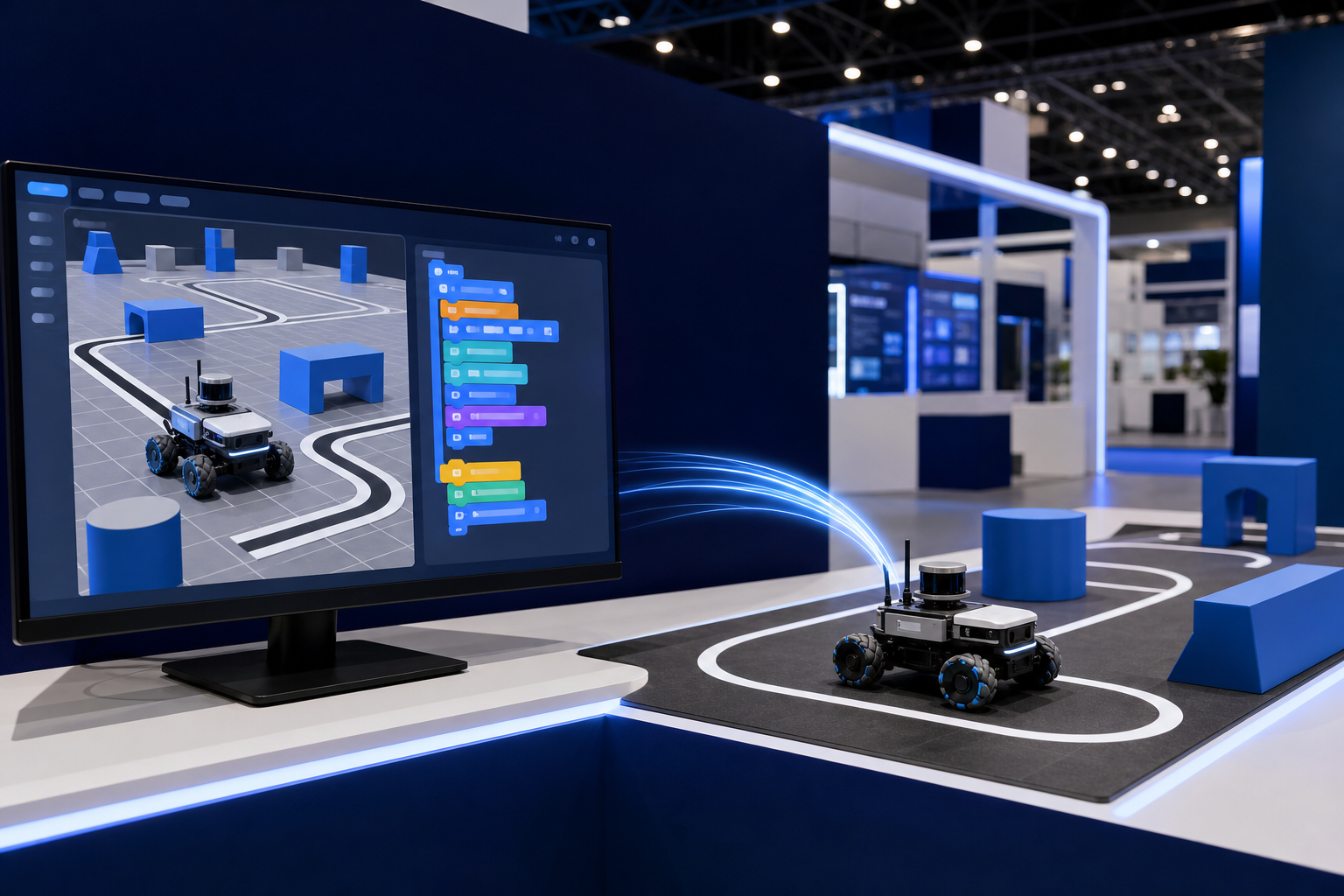 Màn hình mô phỏng 3D cạnh robot thật đang chạy cùng một chương trình.