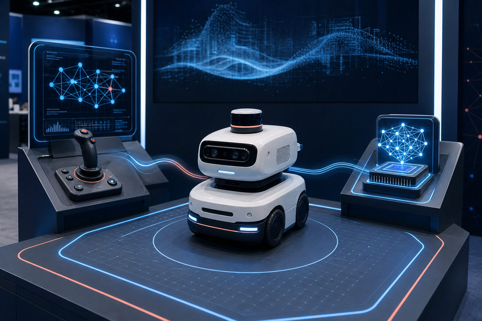 Robot di động kết nối với hai bàn điều khiển, minh họa trải nghiệm người và AI cùng điều khiển.
